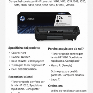 🖨️ Toner HP 12A Q2612A Nero Originale – Cartuccia LaserJet