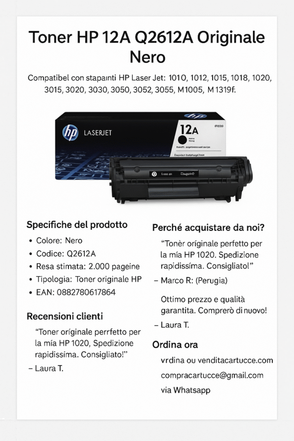 🖨️ Toner HP 12A Q2612A Nero Originale – Cartuccia LaserJet